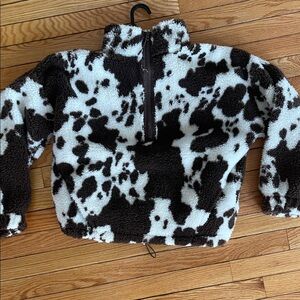 Brown & White Cow Print Sherpa Pullover Jacket